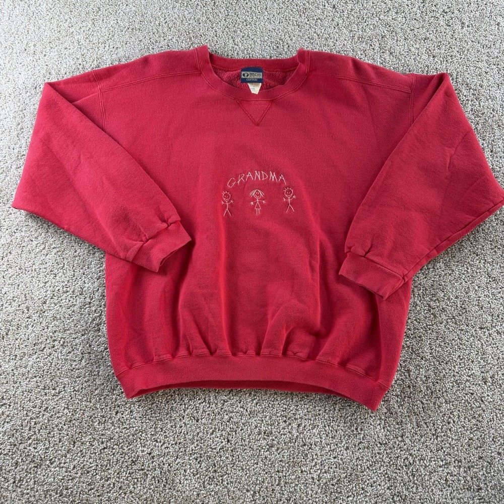 Vintage Discus Athletic Sweatshirt Womens Large Red Grandma Embroidered Fleece